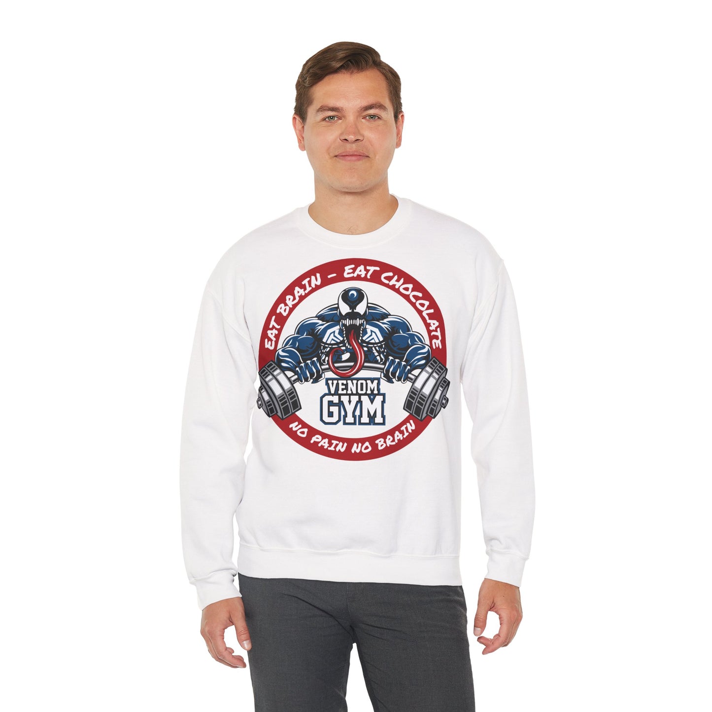 Venom Gym Unisex Heavy Blend Crewneck Sweatshirt - Eat Brain, Eat Chocolate, No Pain No Brain White