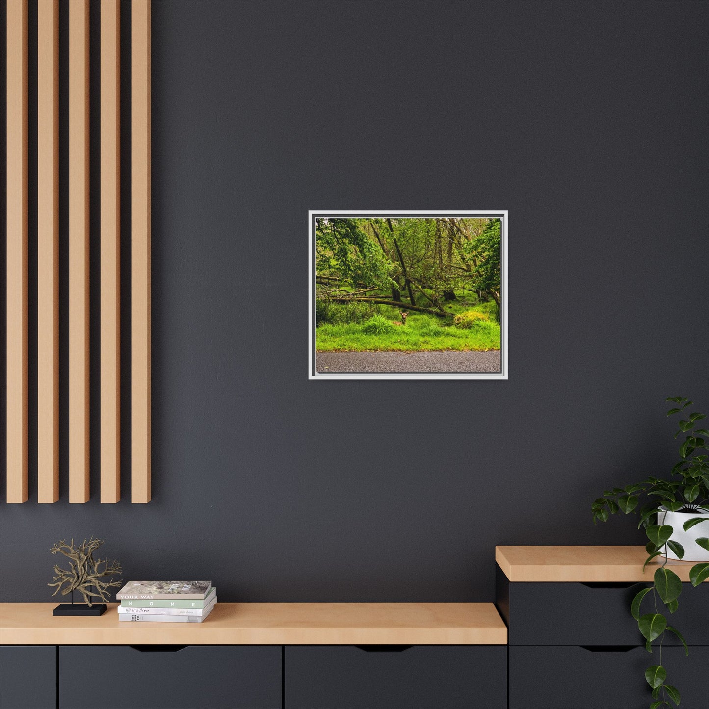 Deer in Ditch Matte Canvas, Framed (Multi-color)