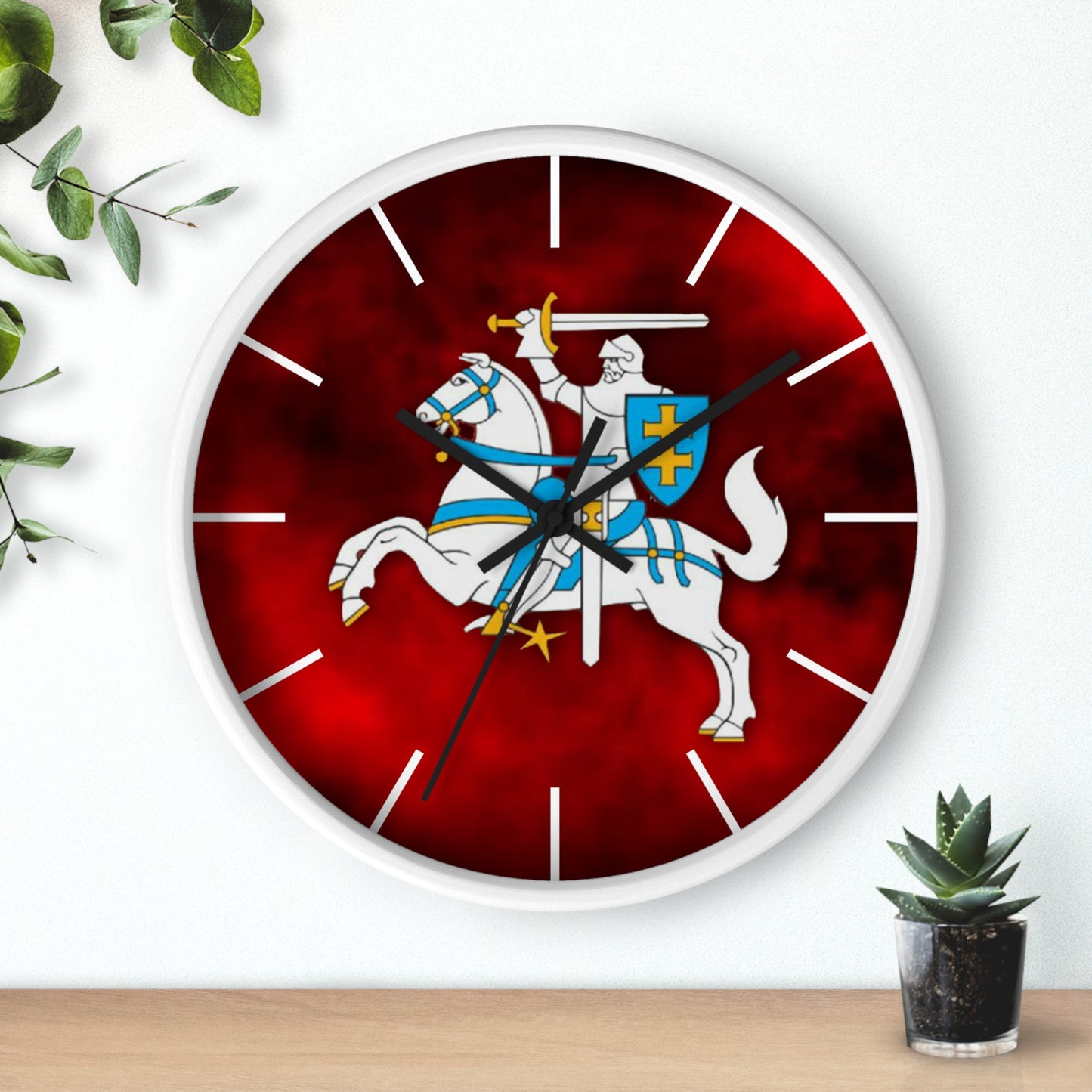 Knight-Themed Vytis Wall Clock with Bold Red Background - Perfect for Home Decor or Gifts