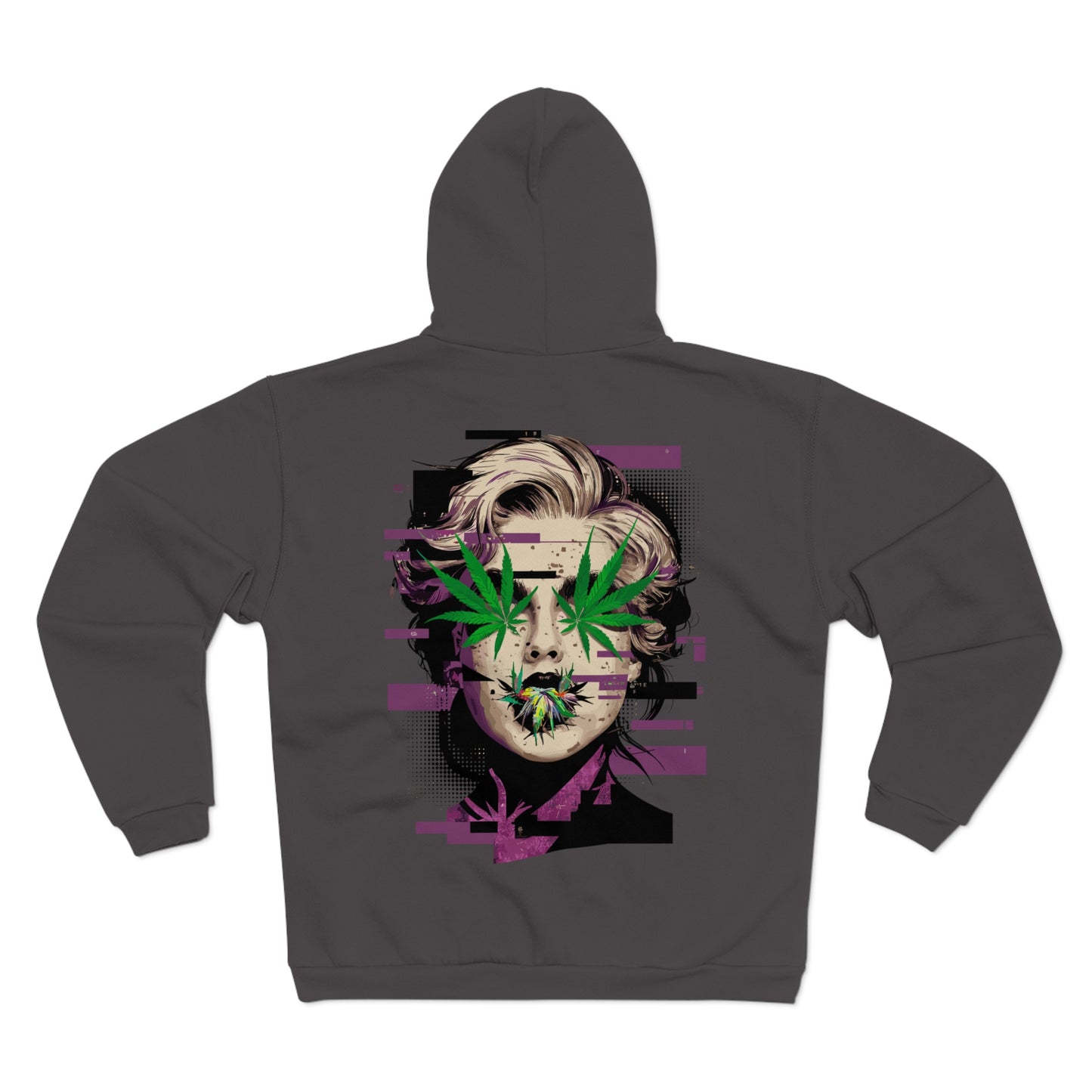 Vintage Portrait Zip Hoodie — Glitch Art Face with Cannabis Leaf Mask
