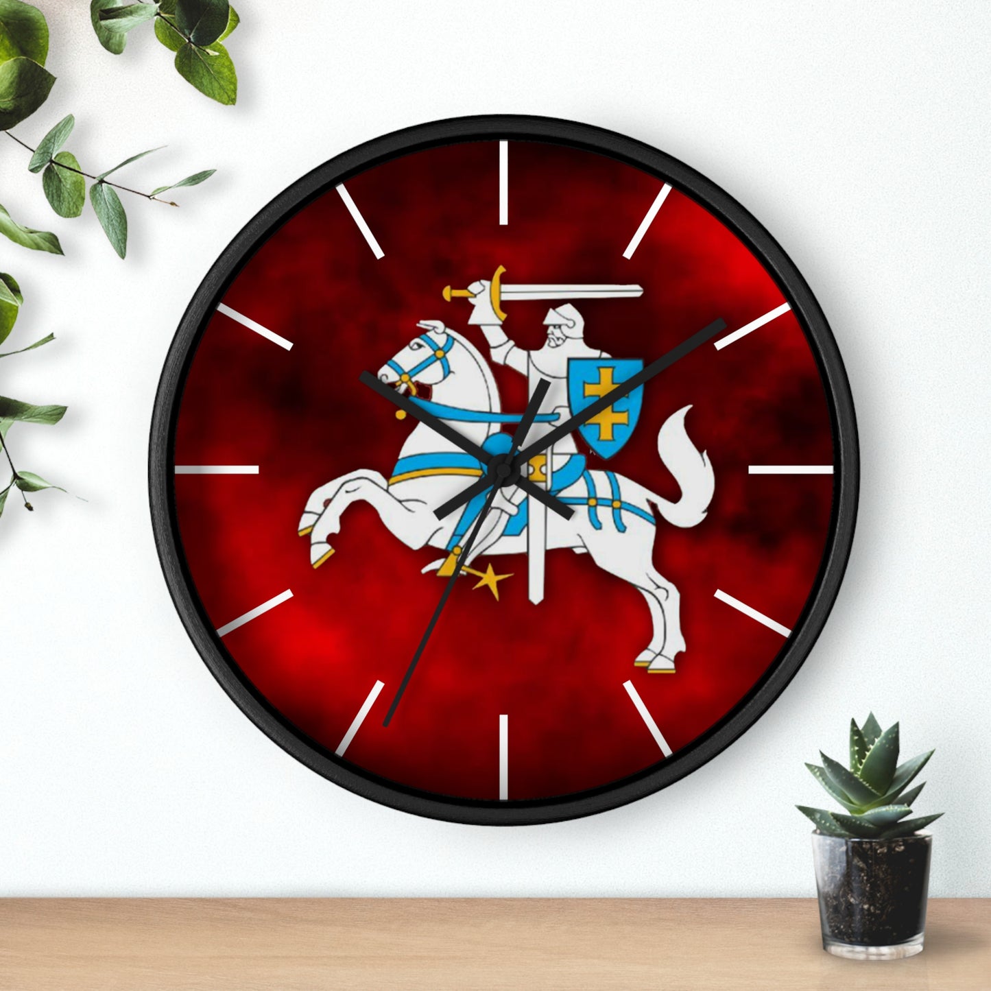 Knight-Themed Vytis Wall Clock with Bold Red Background - Perfect for Home Decor or Gifts