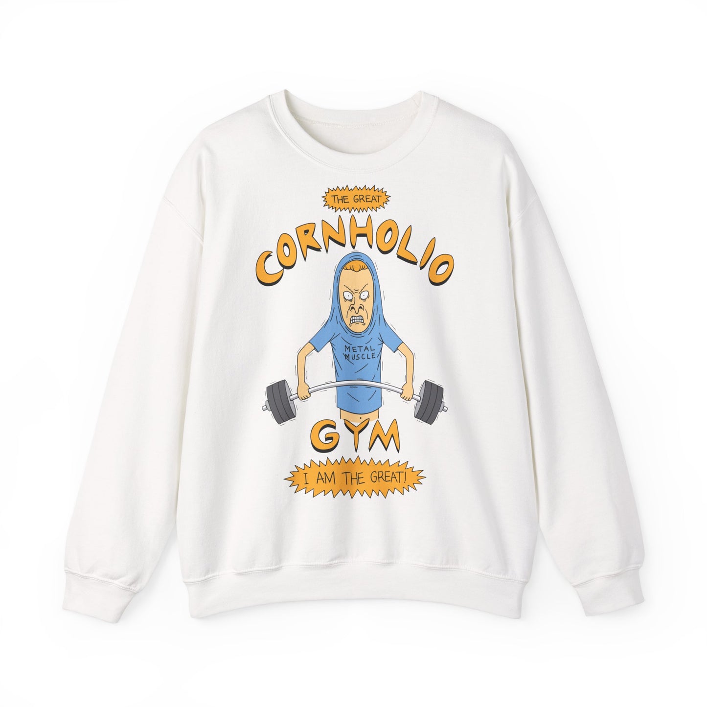 Unisex Crewneck Sweatshirt - Funny Cornholio Gym Design - Perfect for Workouts & Casual Wear White