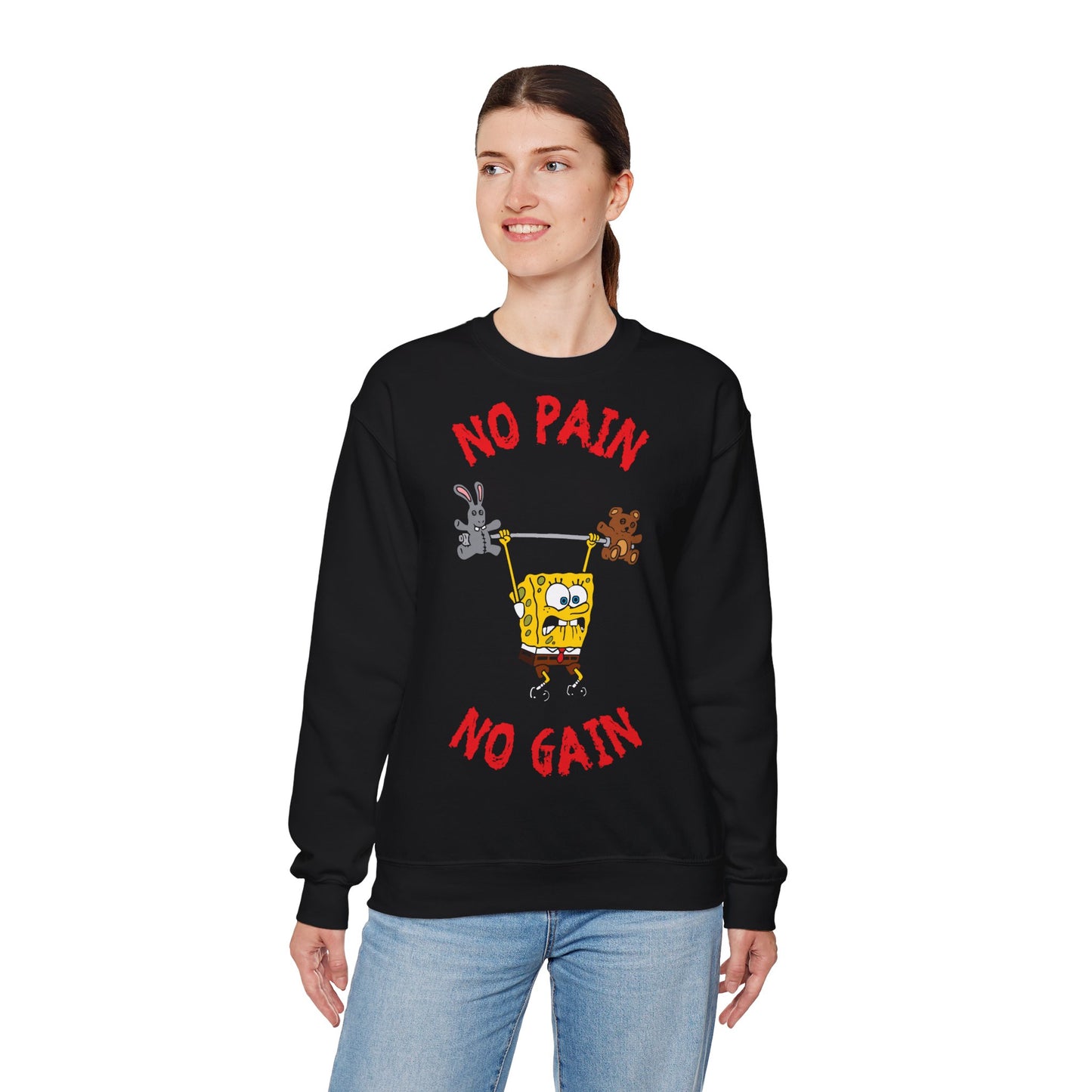 No Pain No Gain Unisex Heavy Blend™ Crewneck Sweatshirt | Fun SpongeBob Design for Fitness Lovers Black