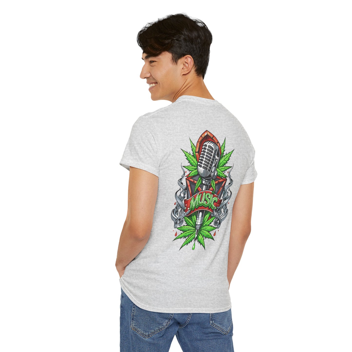 Music Microphone Tee — Retro Mic & Leaf Graphic T-Shirt