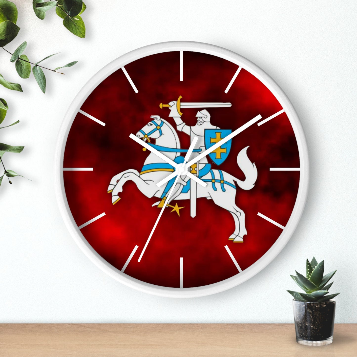 Knight-Themed Vytis Wall Clock with Bold Red Background - Perfect for Home Decor or Gifts