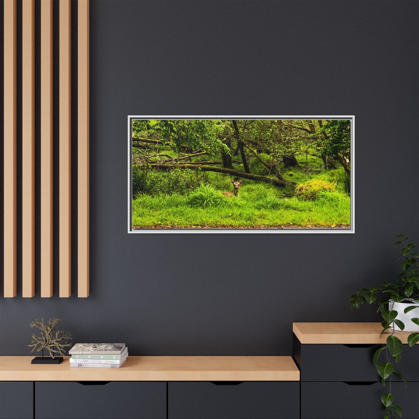 Deer in Ditch Matte Canvas, Framed (Multi-color)