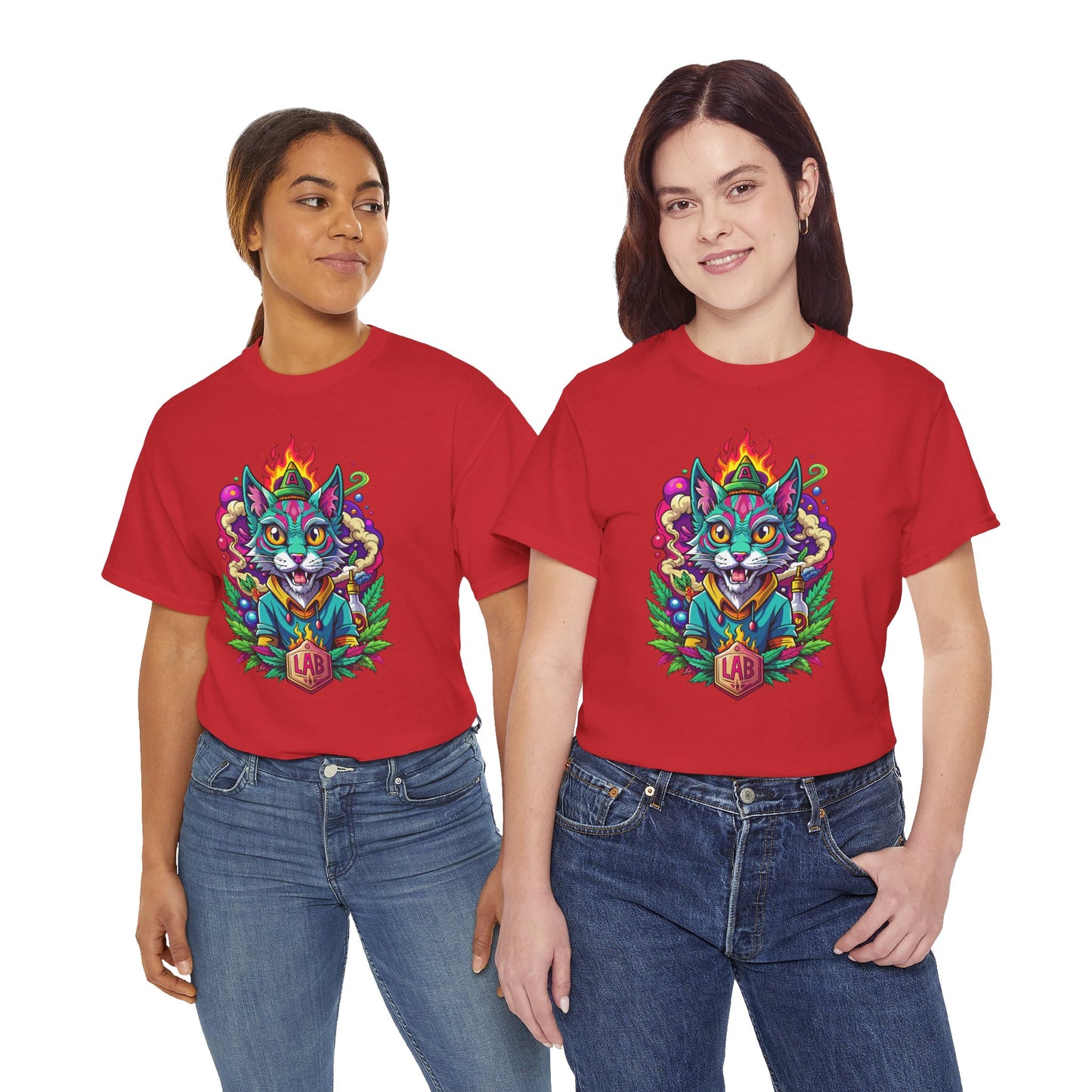 Psychedelic Flame Cat Graphic Tee — Colorful Trippy Cat Design