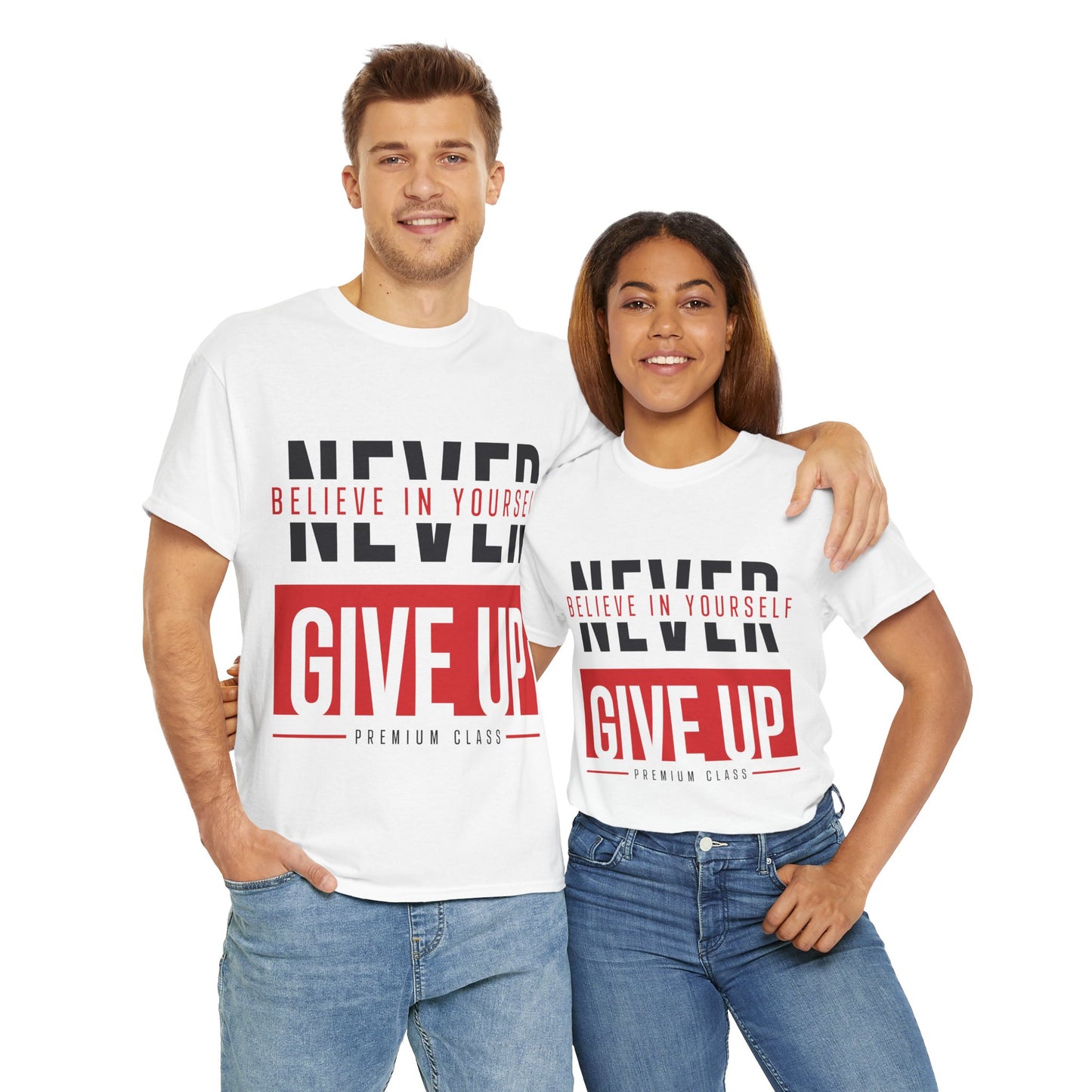 Motivational Unisex Heavy Cotton Tee - 'Never Give Up - Believe in Yourself'