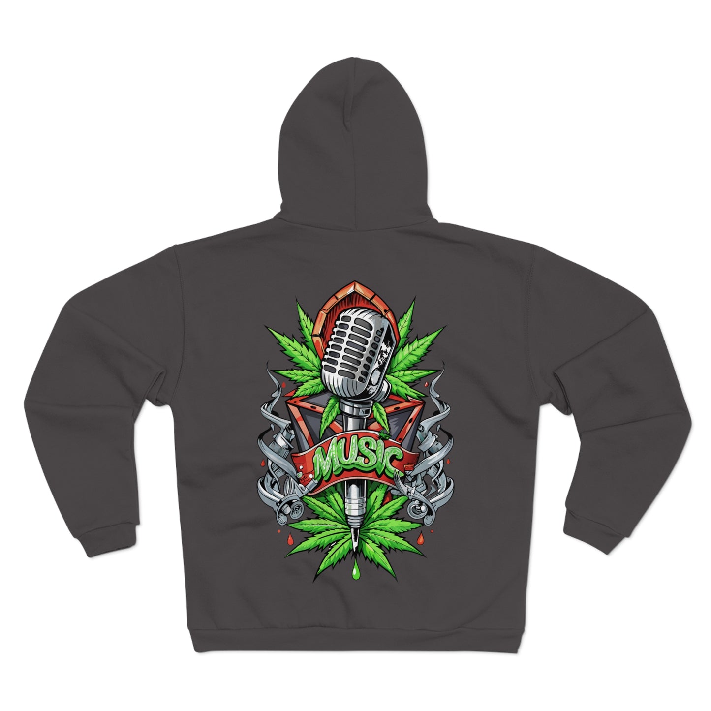 Music Microphone Zip Hoodie — Retro Mic & Leaf Graphic Zip Hoodie