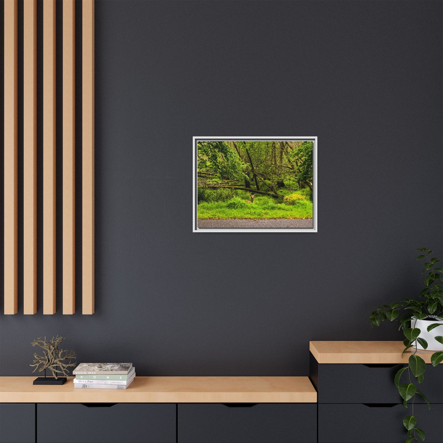 Deer in Ditch Matte Canvas, Framed (Multi-color)