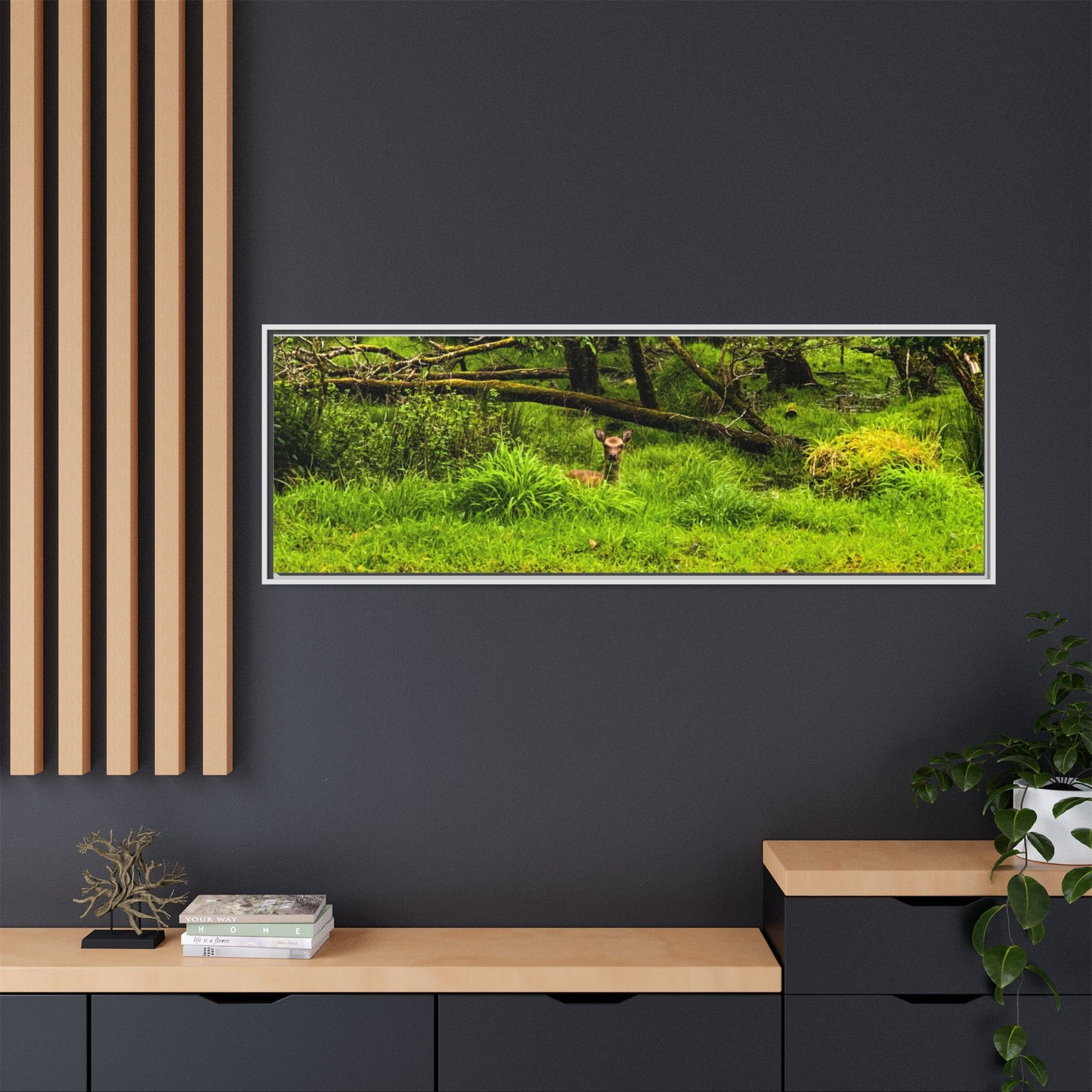 Deer in Ditch Matte Canvas, Framed (Multi-color)