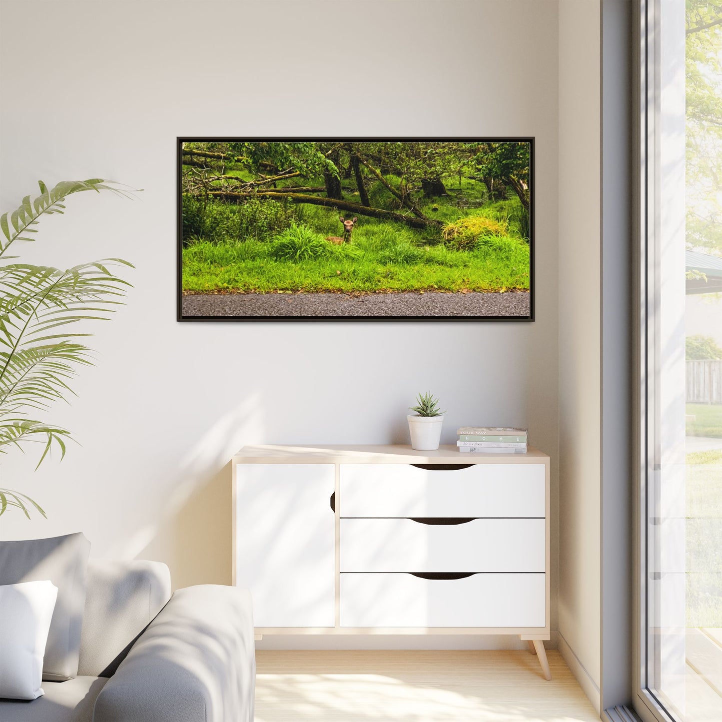 Deer in Ditch Matte Canvas, Framed (Multi-color)