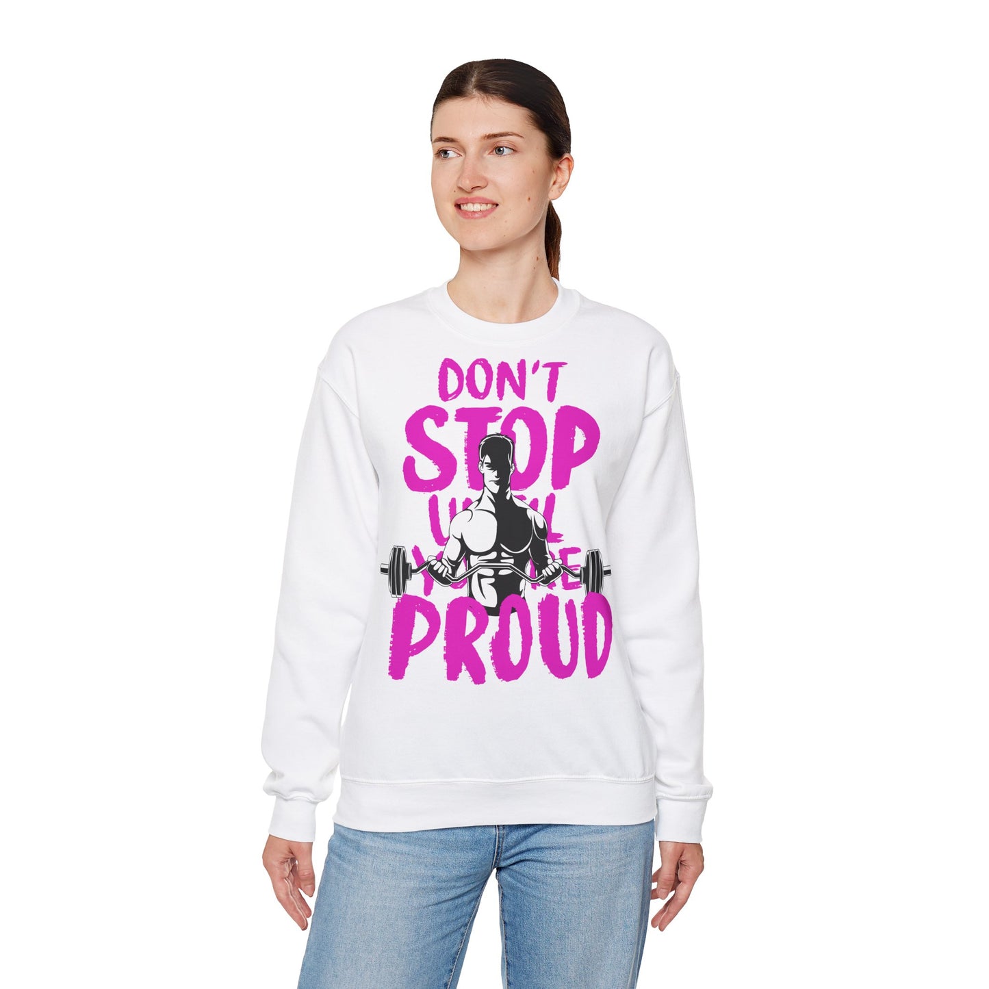 Motivational Unisex Heavy Blend™ Crewneck Sweatshirt - 'Don't Stop Until You're Proud' - Fitness Apparel for Gym Lovers