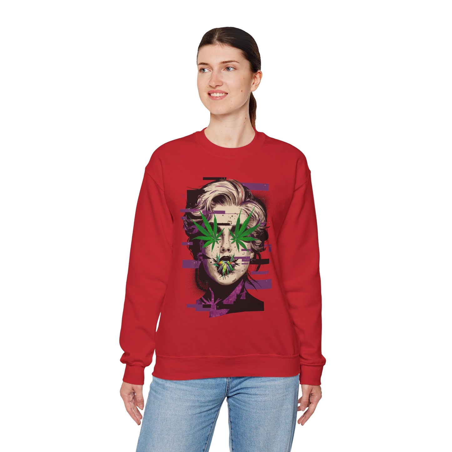 Vintage Portrait Sweatshirt — Glitch Art Face with Cannabis Leaf Mask