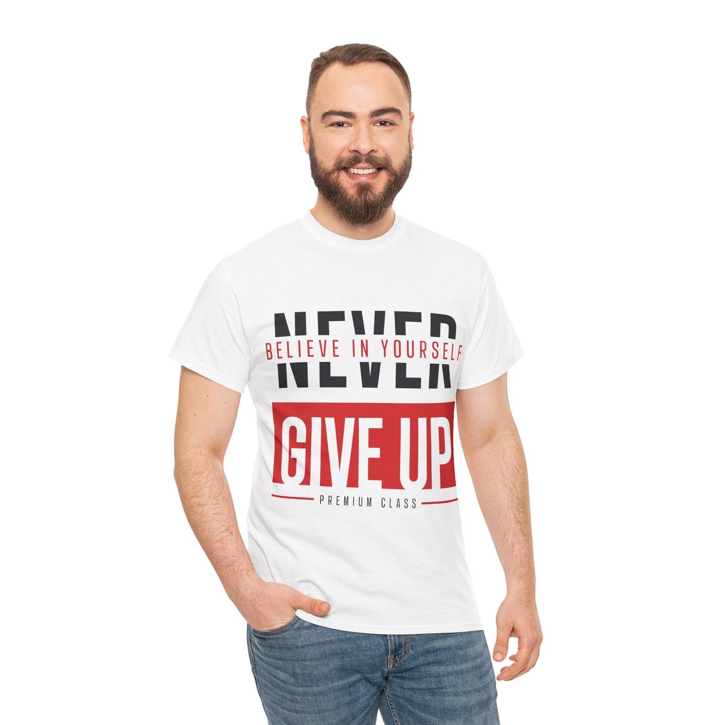 Motivational Unisex Heavy Cotton Tee - 'Never Give Up - Believe in Yourself'