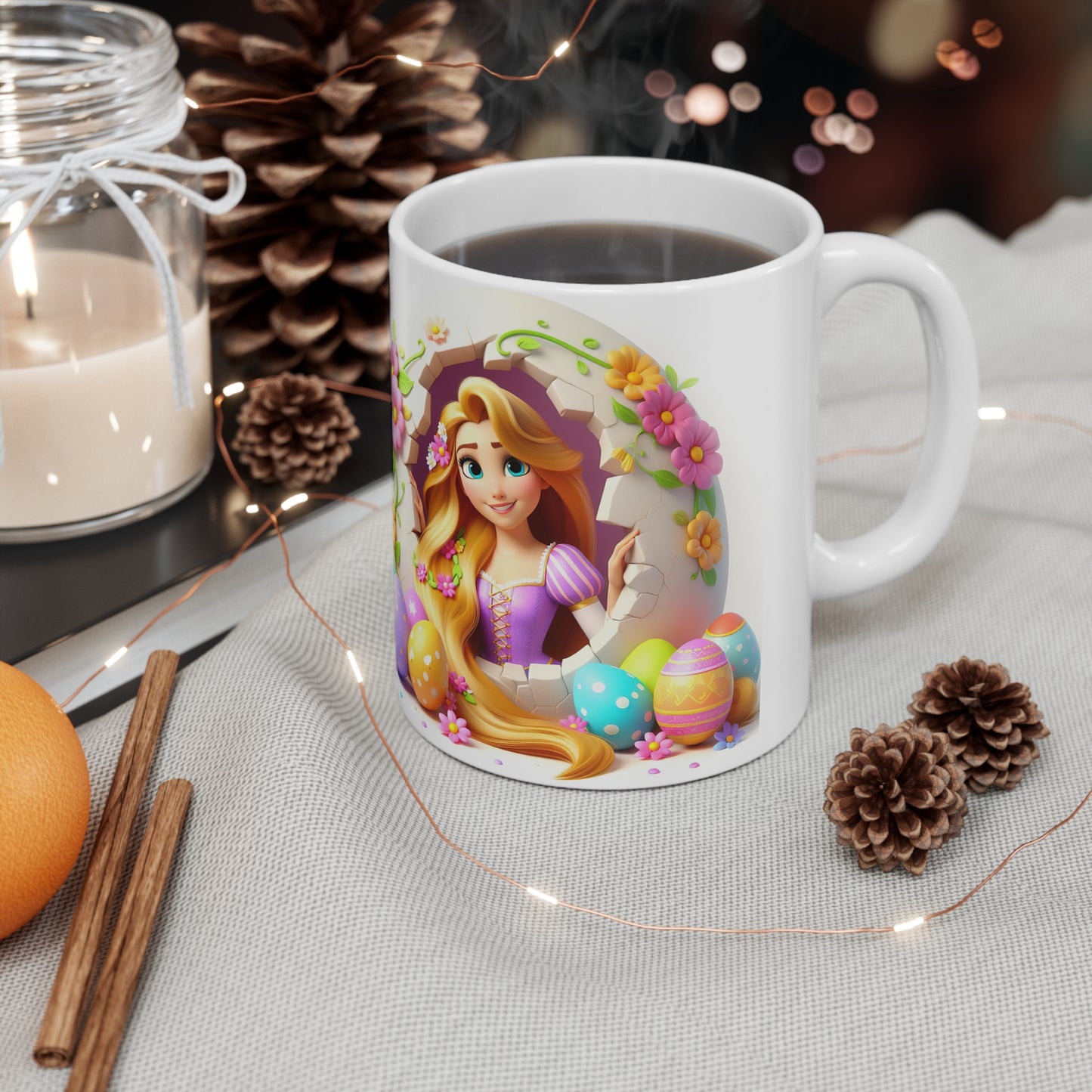 Whimsical Easter Ceramic Coffee Cup - 11oz & 15oz with Floral Rapunzel Design