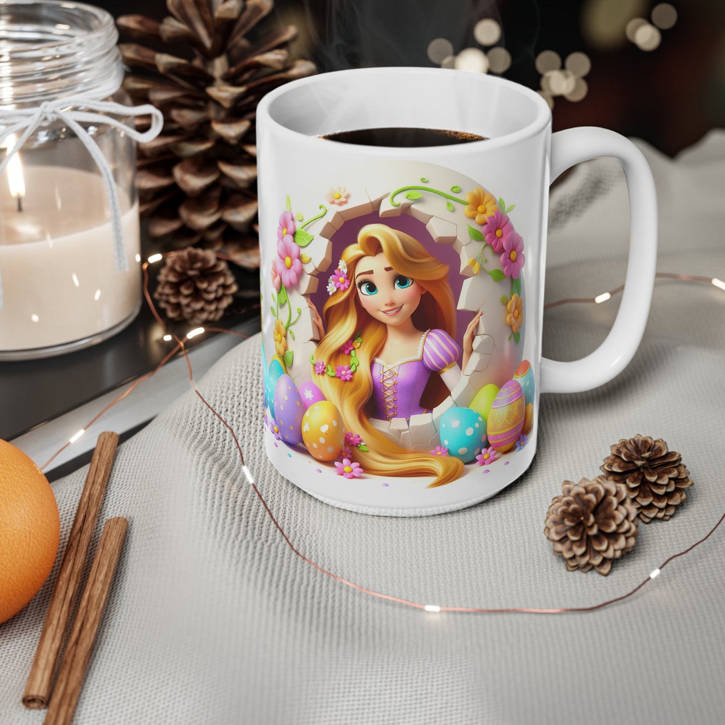 Whimsical Easter Ceramic Coffee Cup - 11oz & 15oz with Floral Rapunzel Design