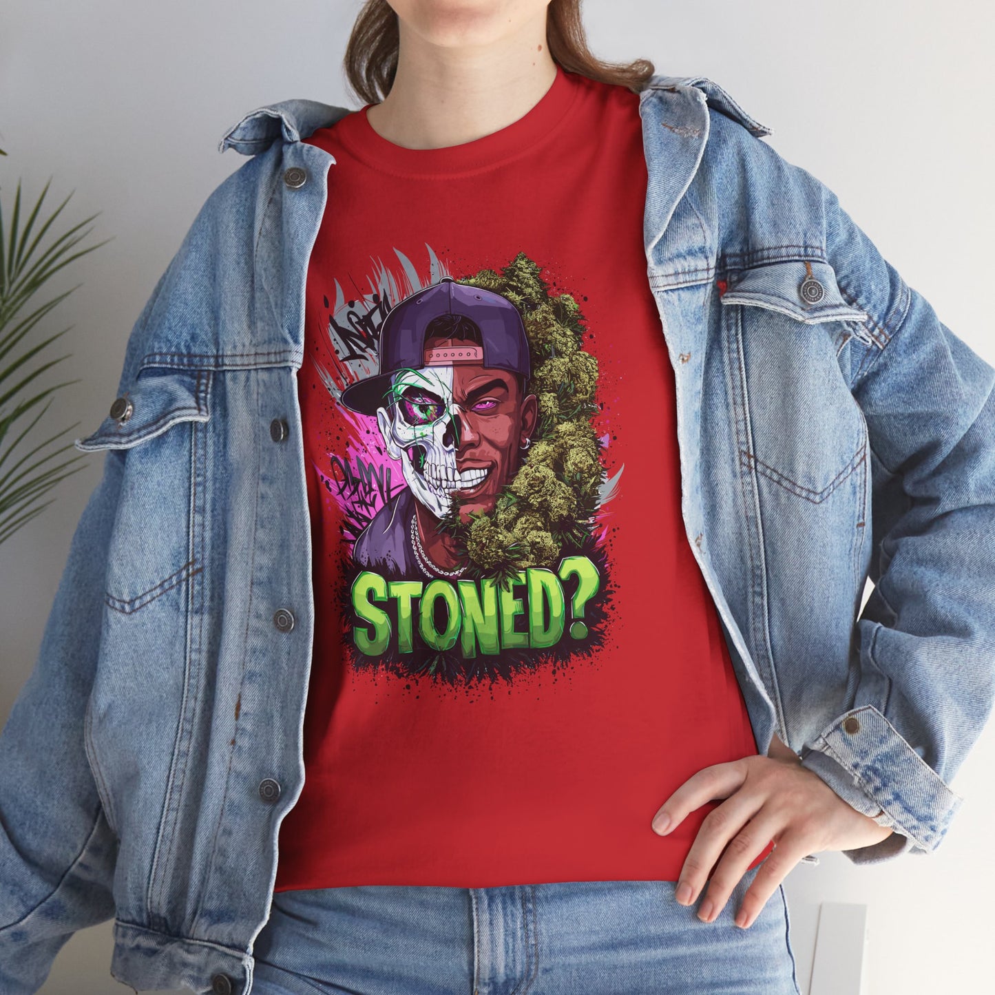 T-Shirt — 'Stoned?' Skull Face Graphic Tee for Cannabis Lovers
