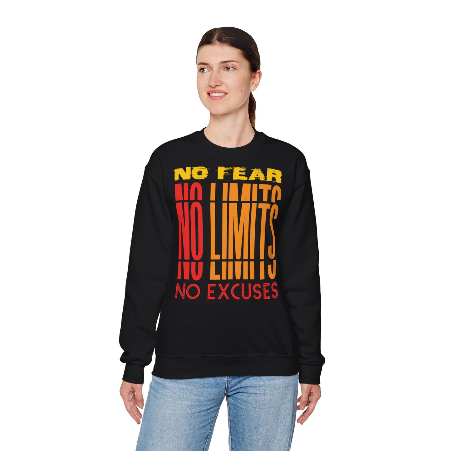 Motivational Crewneck Sweatshirt - No Fear, No Limits, No Excuses - Unisex Heavy Blend
