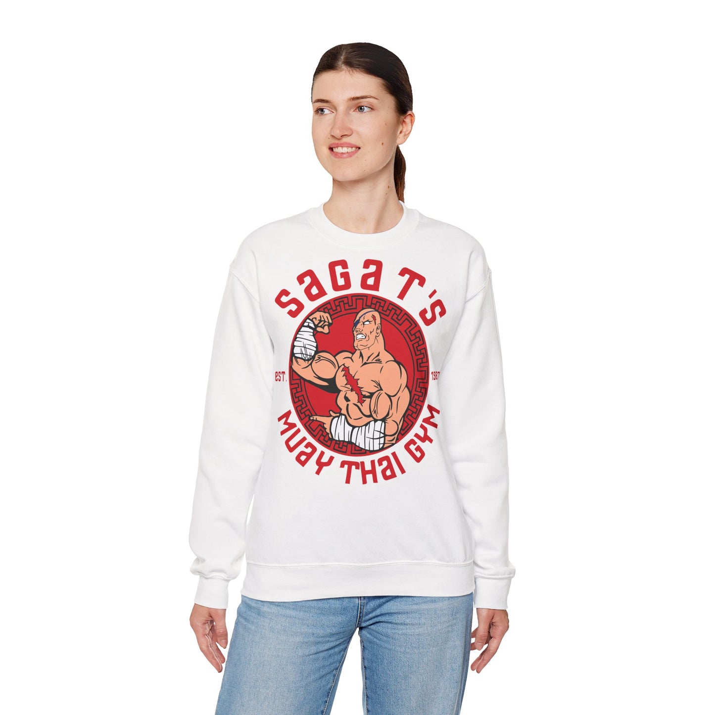 Sagat's Muay Thai Unisex Heavy Blend™ Crewneck Sweatshirt - Athletic Style for Fitness Enthusiasts White