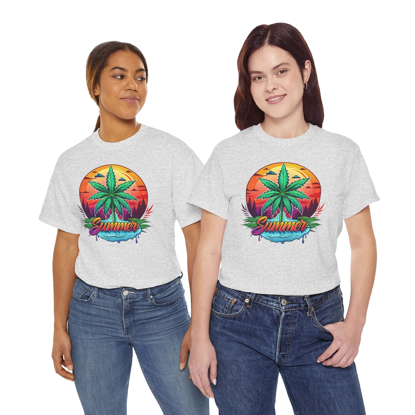Summer Cannabis Leaf T-Shirt – Retro Tropical Sunset Tee Both