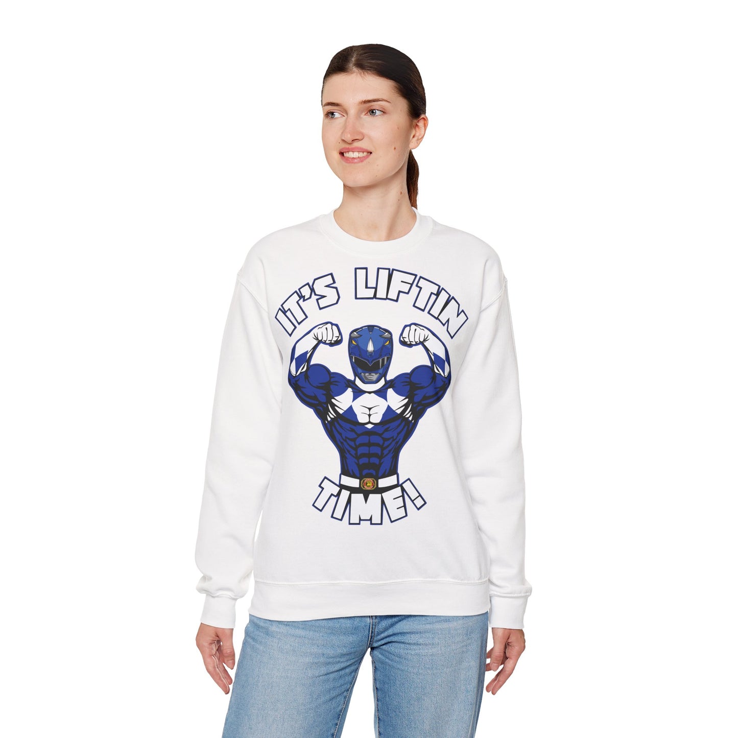 Superhero Liftin' Time Crewneck Sweatshirt - Unisex Heavy Blend™ White