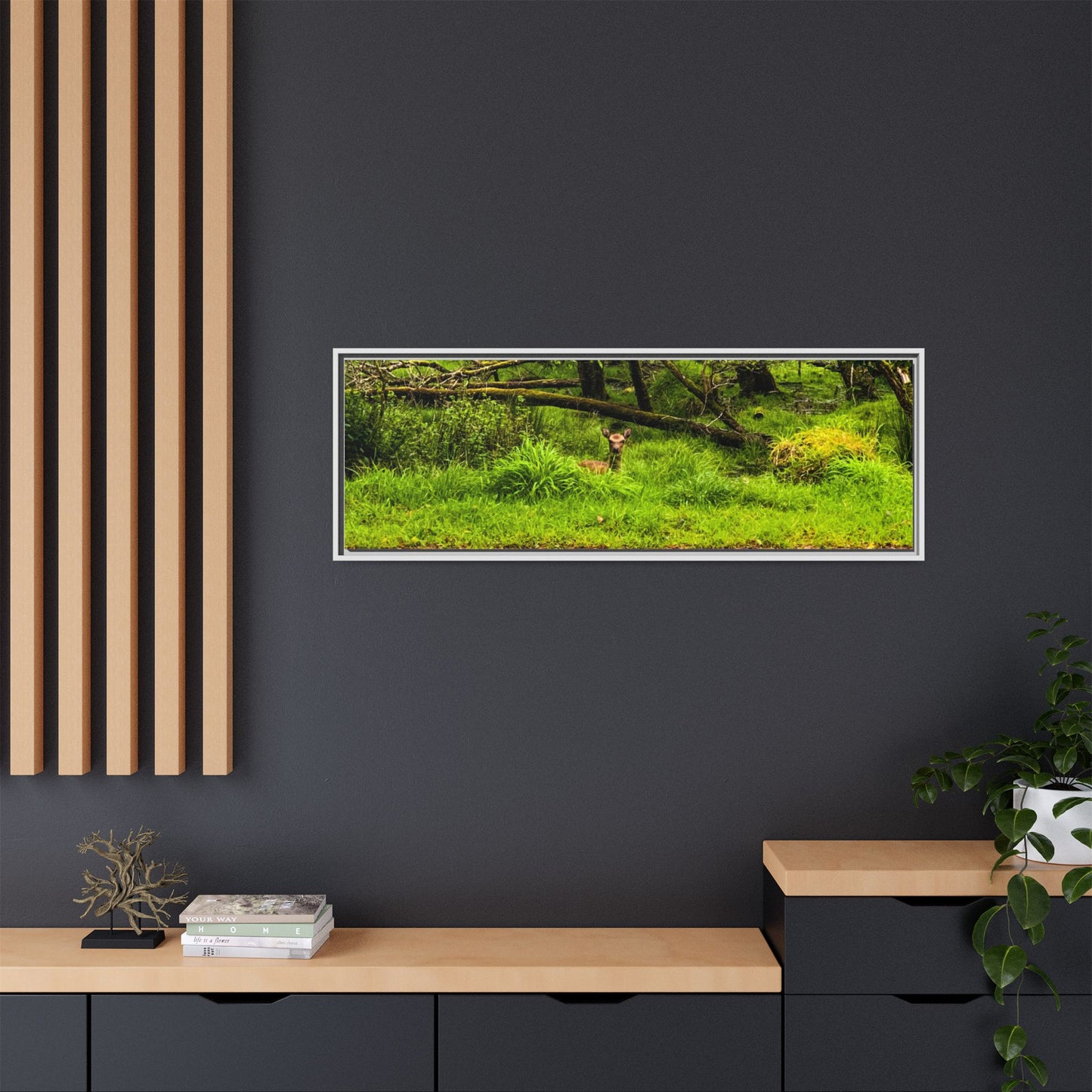 Deer in Ditch Matte Canvas, Framed (Multi-color)