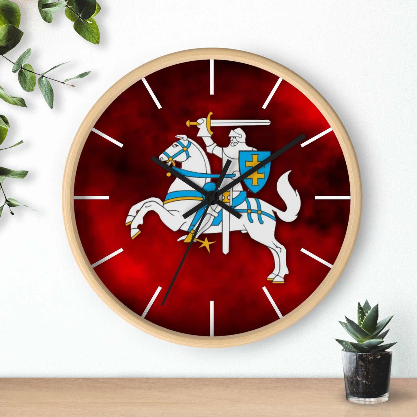 Knight-Themed Vytis Wall Clock with Bold Red Background - Perfect for Home Decor or Gifts
