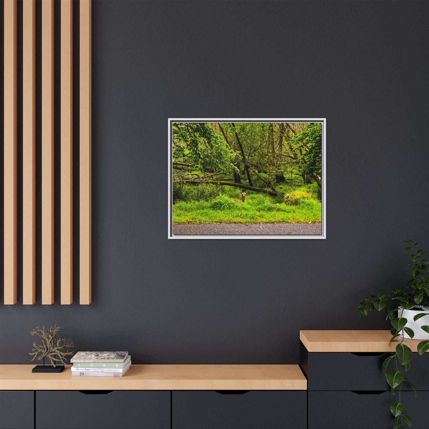 Deer in Ditch Matte Canvas, Framed (Multi-color)