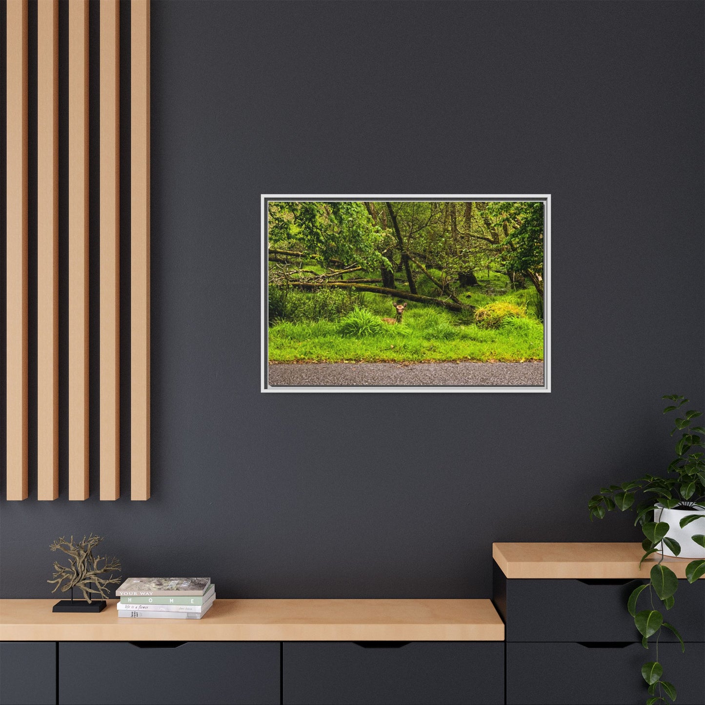 Deer in Ditch Matte Canvas, Framed (Multi-color)