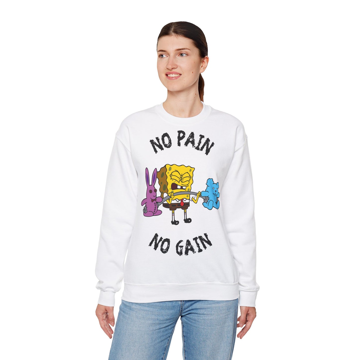 SpongeBob No Pain No Gain Unisex Heavy Blend™ Crewneck Sweatshirt for Fun & Fitness Lovers White