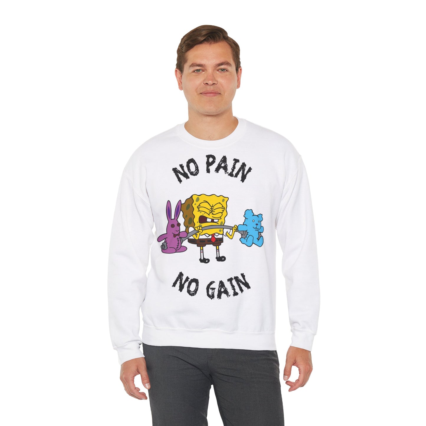 SpongeBob No Pain No Gain Unisex Heavy Blend™ Crewneck Sweatshirt for Fun & Fitness Lovers White