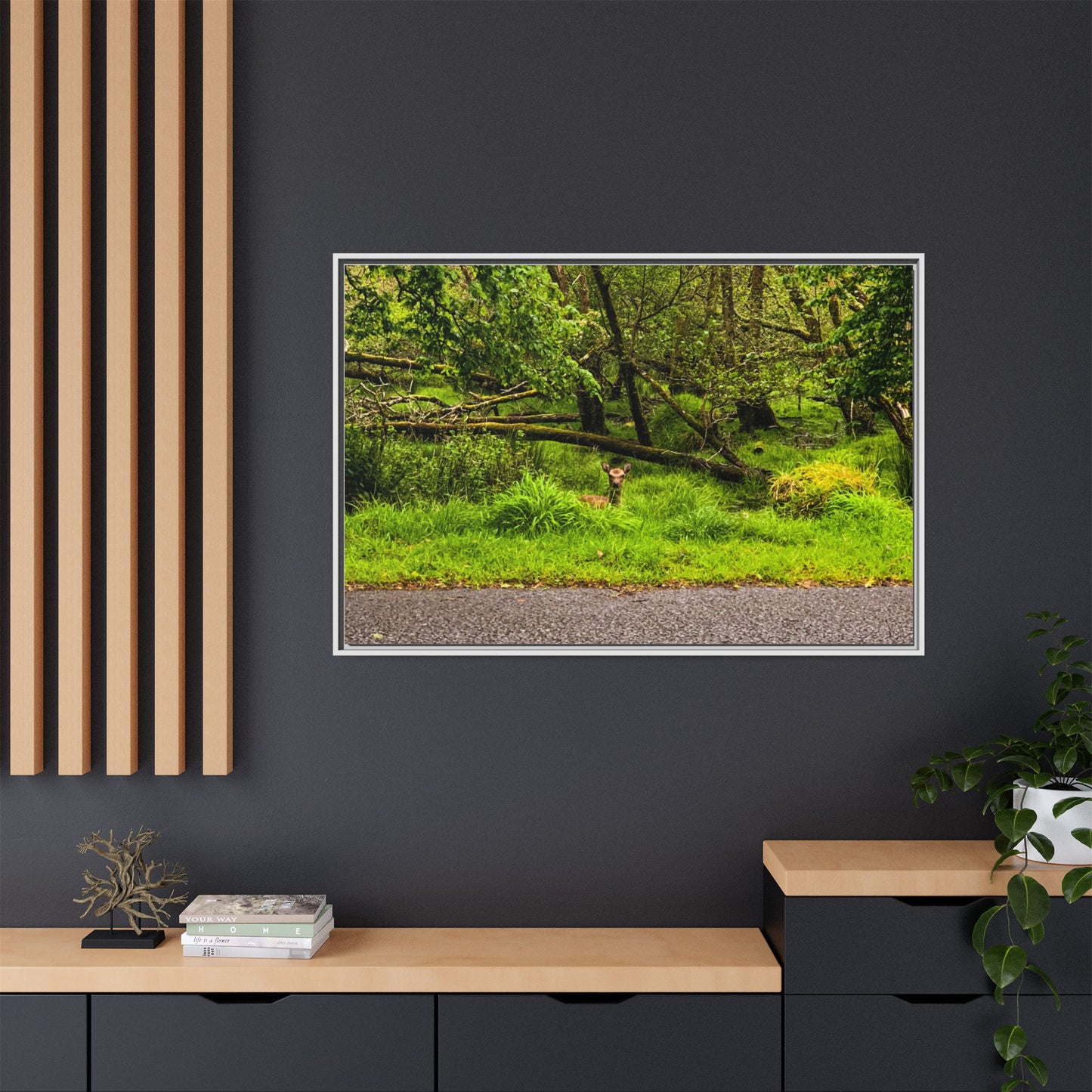 Deer in Ditch Matte Canvas, Framed (Multi-color)