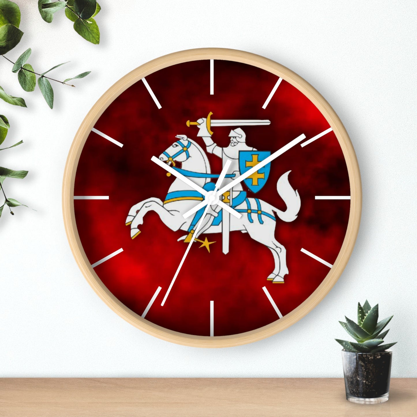 Knight-Themed Vytis Wall Clock with Bold Red Background - Perfect for Home Decor or Gifts