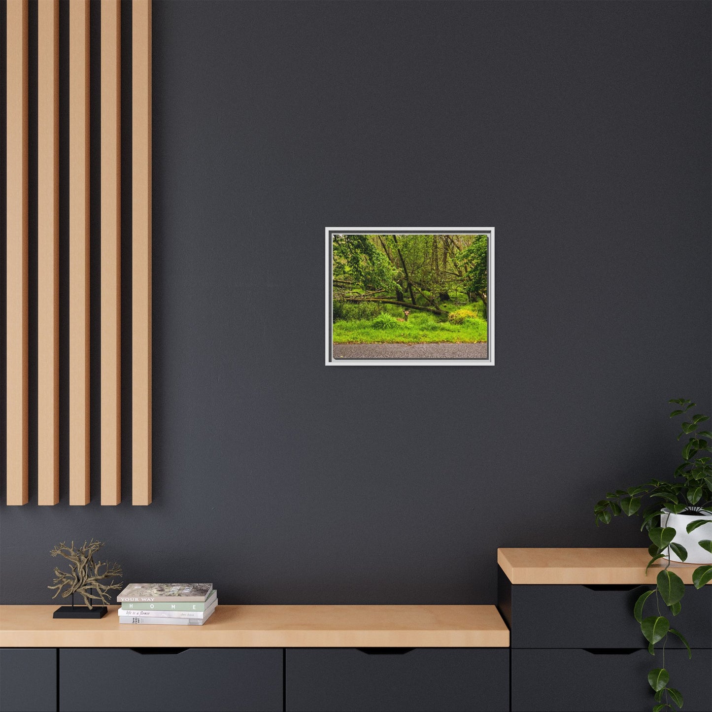 Deer in Ditch Matte Canvas, Framed (Multi-color)