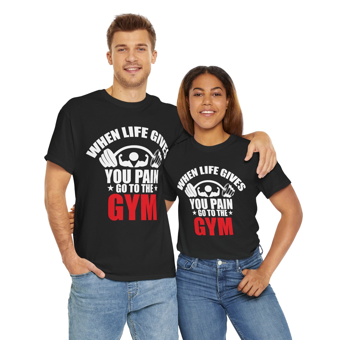 Gym Motivation Unisex Heavy Cotton Tee - "When Life Gives You Pain, Go to the Gym"