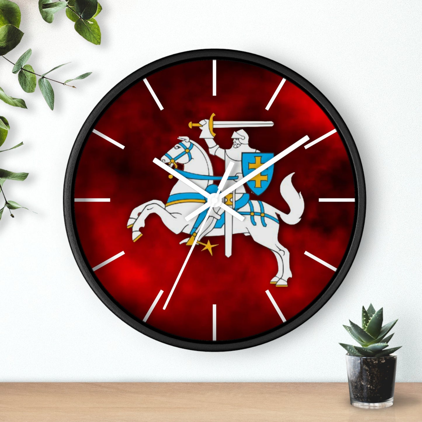 Knight-Themed Vytis Wall Clock with Bold Red Background - Perfect for Home Decor or Gifts
