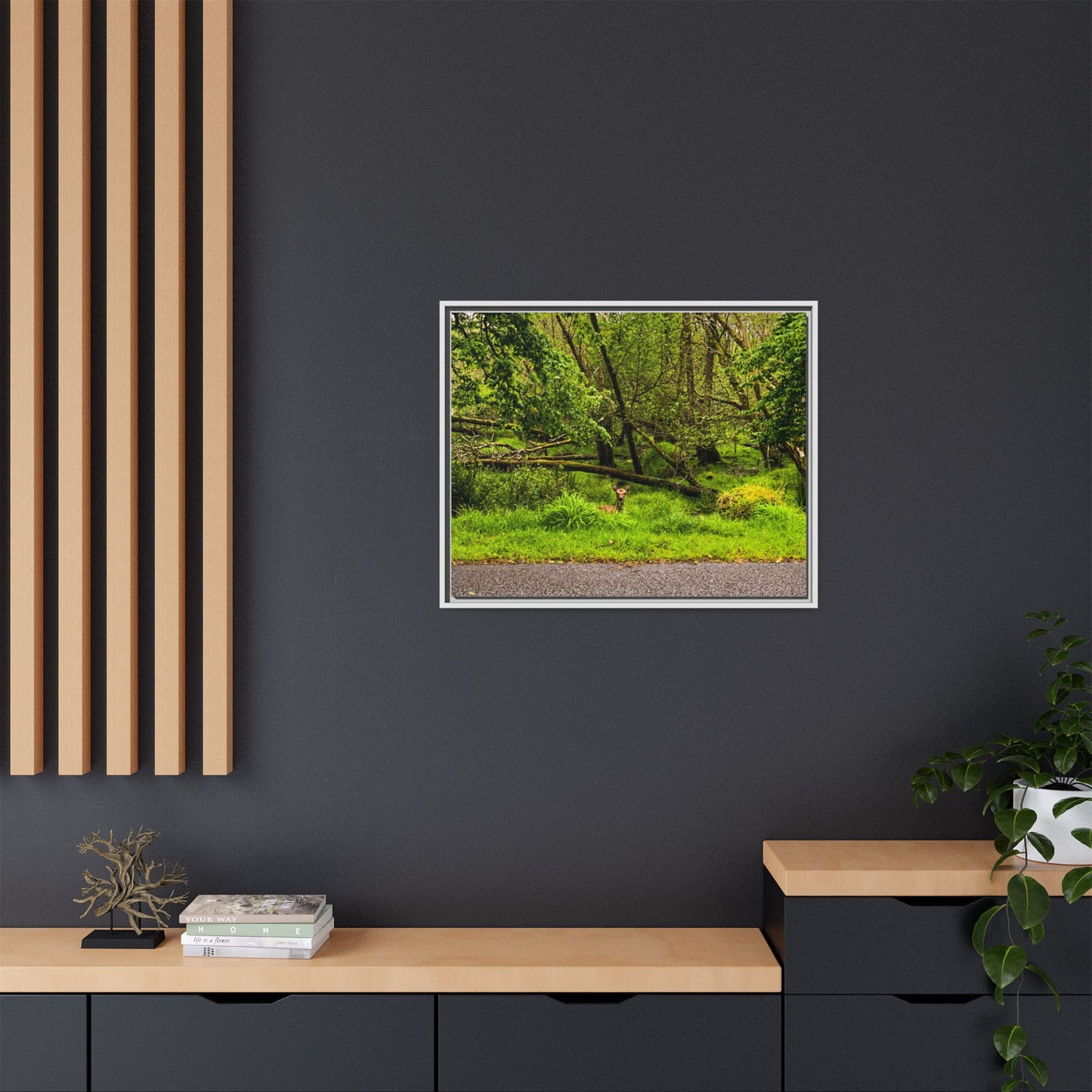 Deer in Ditch Matte Canvas, Framed (Multi-color)