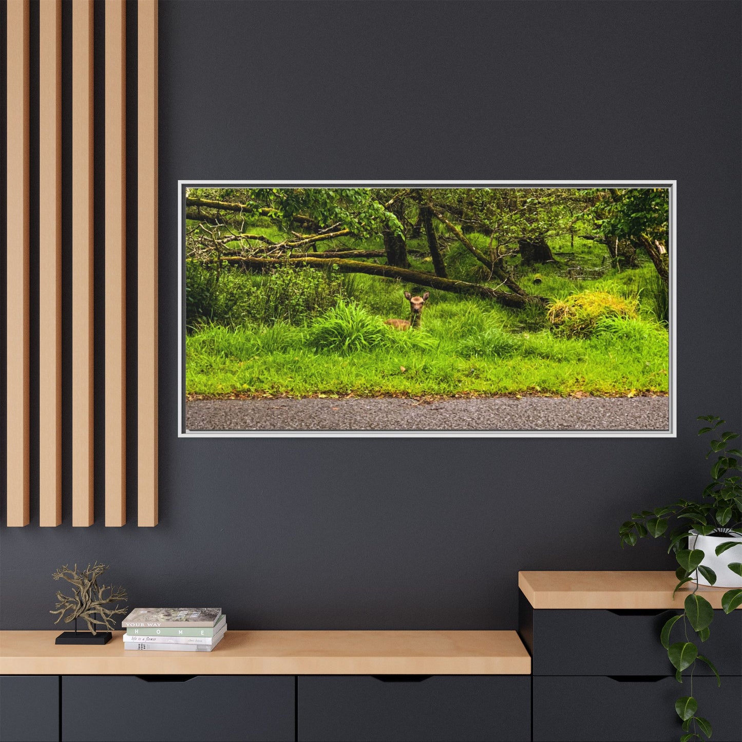 Deer in Ditch Matte Canvas, Framed (Multi-color)