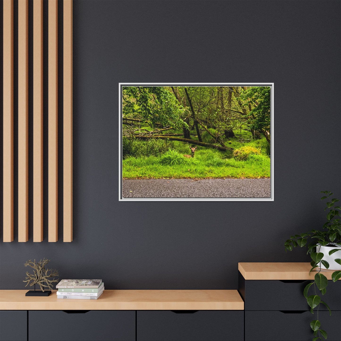 Deer in Ditch Matte Canvas, Framed (Multi-color)
