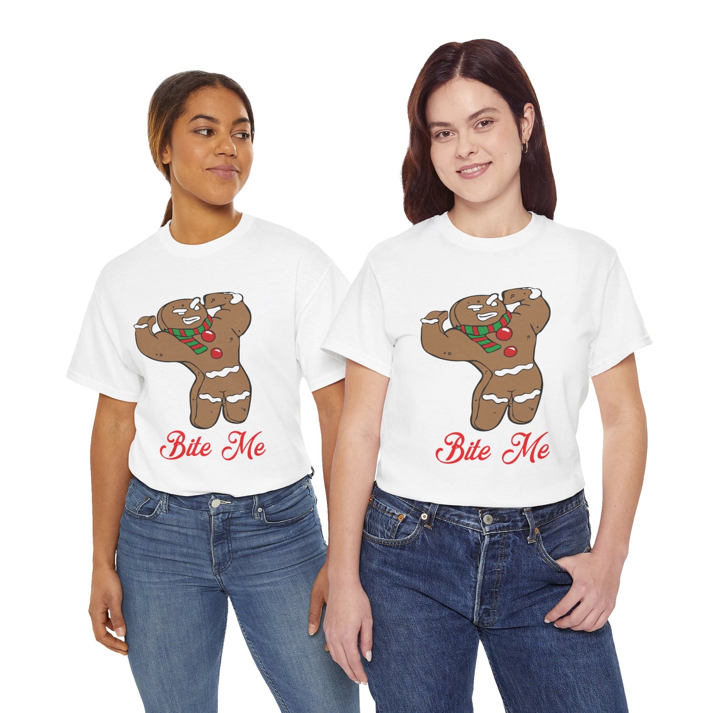Funny Gingerbread Man Christmas T-Shirt - "Bite Me" Holiday Tee White