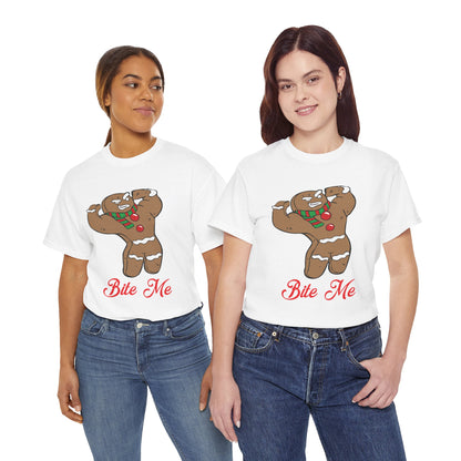 Funny Gingerbread Man Christmas T-Shirt - "Bite Me" Holiday Tee White