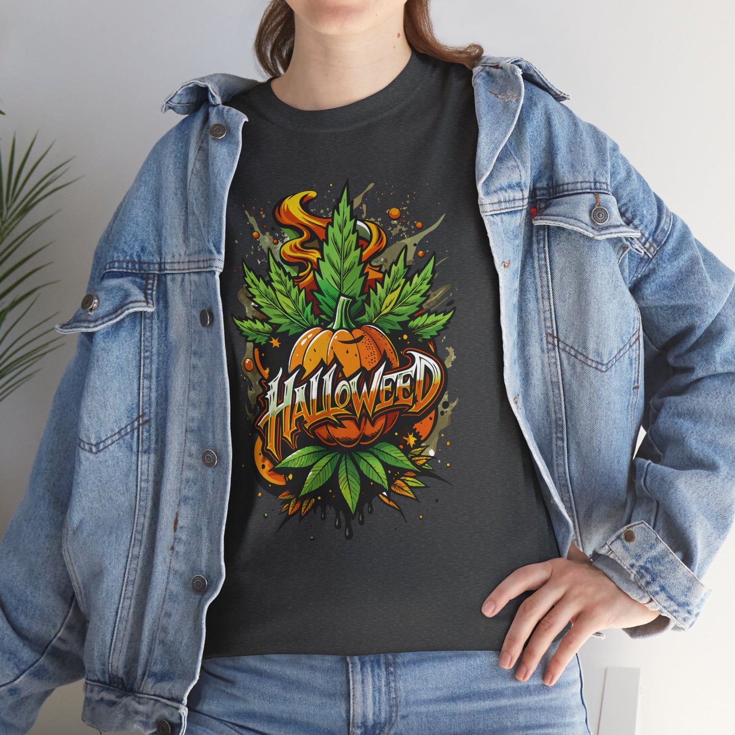 Halloween Pumpkin Graphic Tee — 'Halloween' Pumpkin & Leaves Illustration