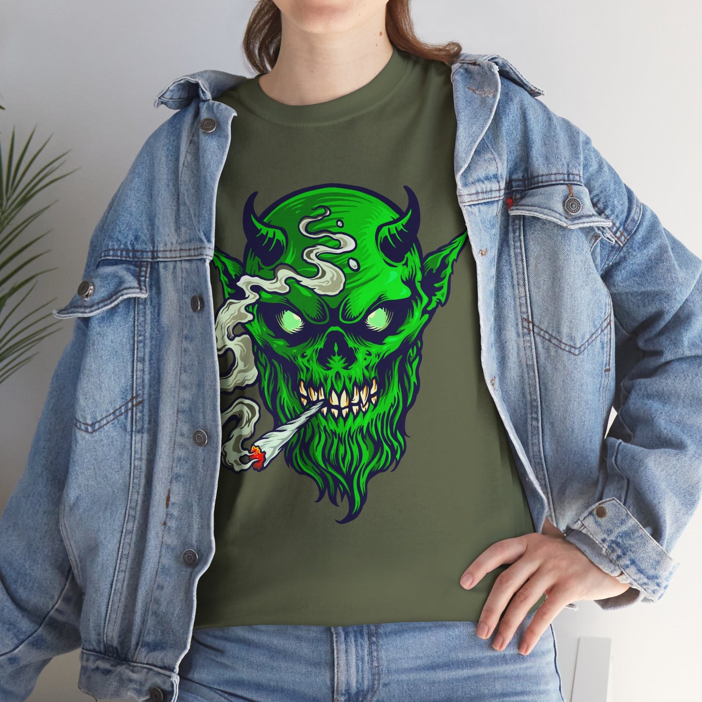 Smoking Green Demon Skull T-Shirt — Creepy Stoner Graphic Tee