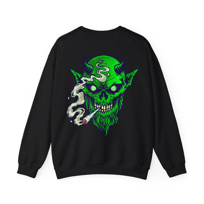 Smoking Green Demon Skull Sweatshirt — Creepy Stoner Graphic