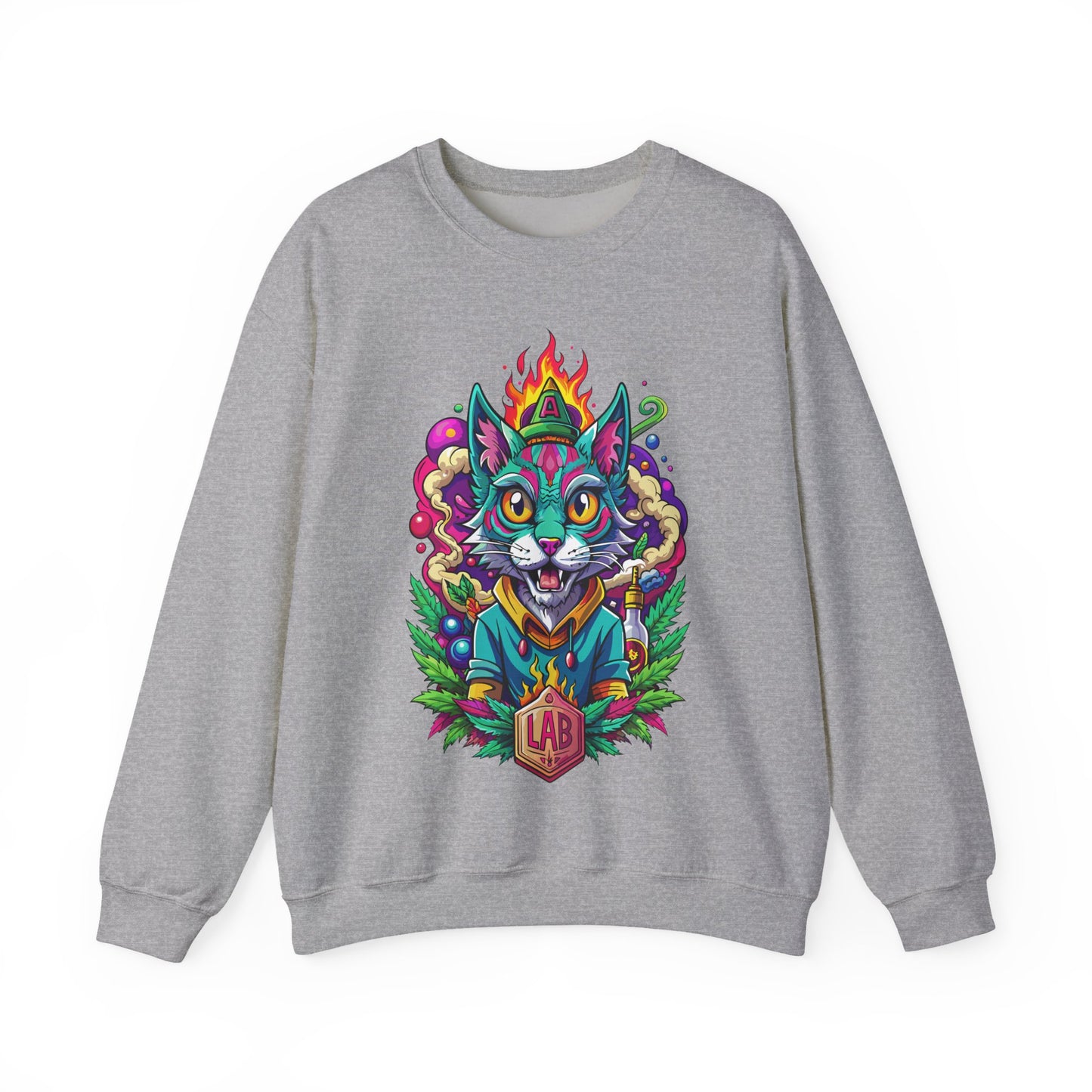 Psychedelic Flame Cat Graphic Sweatshirt — Colorful Trippy Cat Design