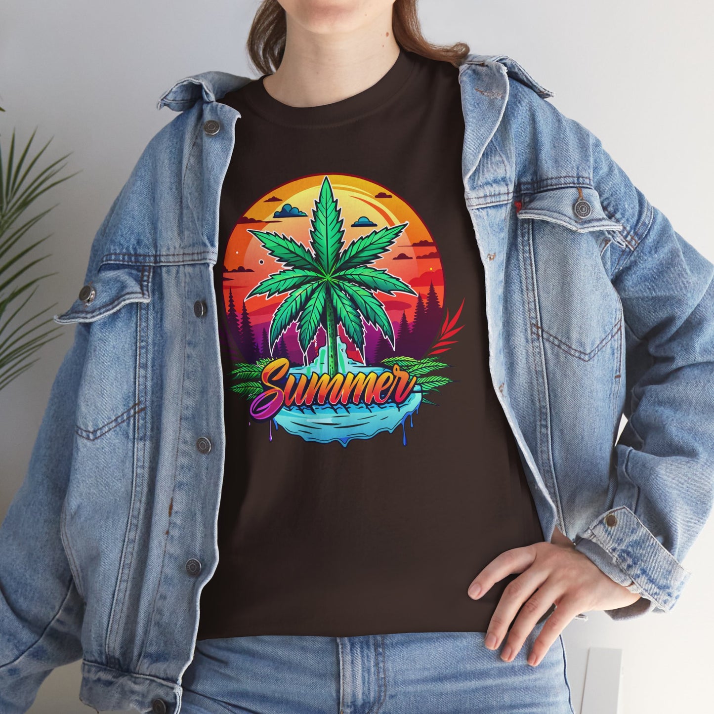 Summer Cannabis Leaf T-Shirt – Retro Tropical Sunset Tee