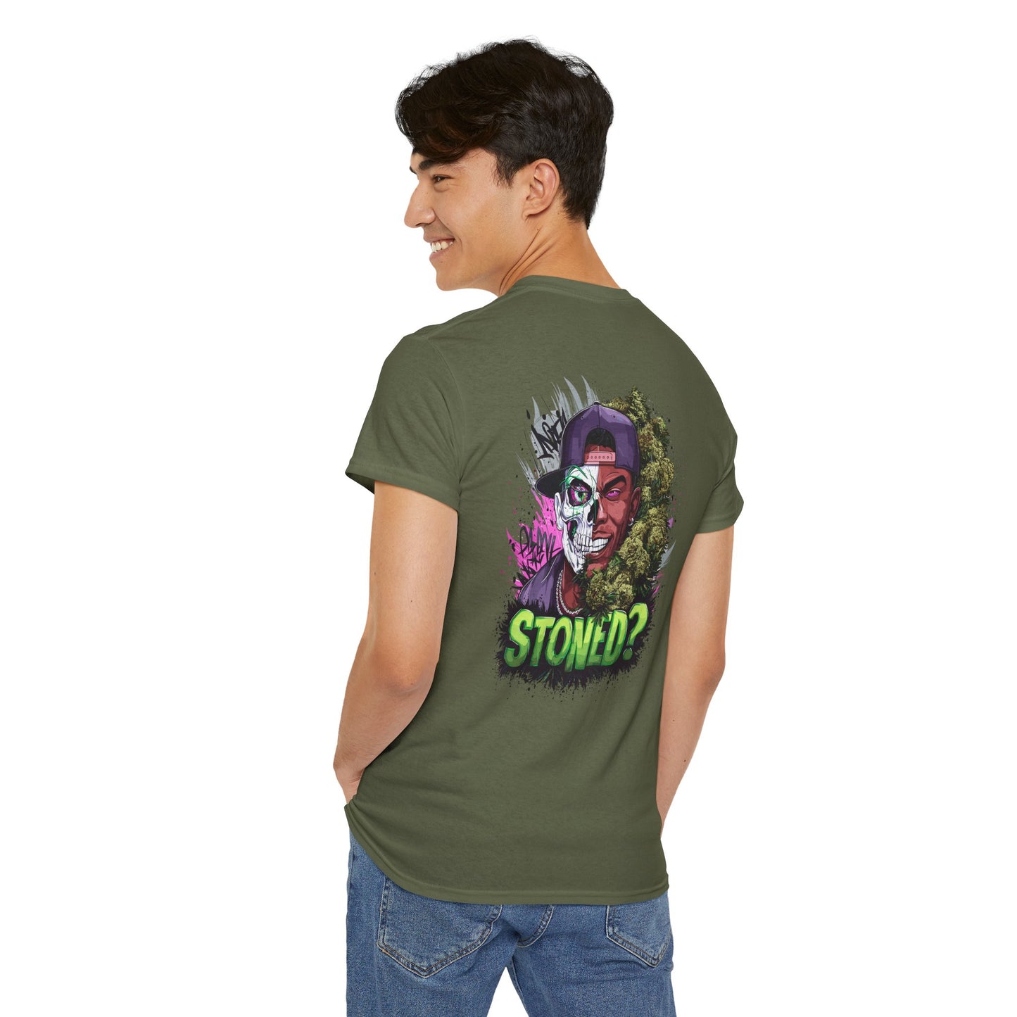 T-Shirt — 'Stoned?' Skull Face Graphic Tee for Cannabis Lovers