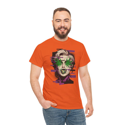 Vintage Portrait Tee — Glitch Art Face with Cannabis Leaf Mask