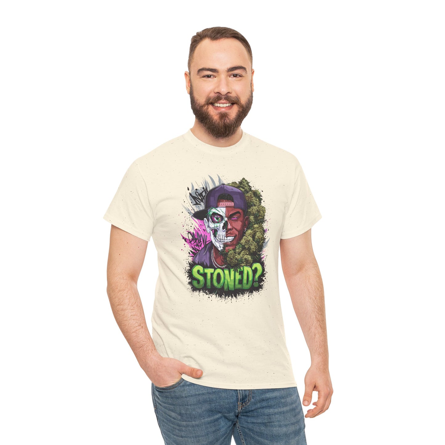 T-Shirt — 'Stoned?' Skull Face Graphic Tee for Cannabis Lovers